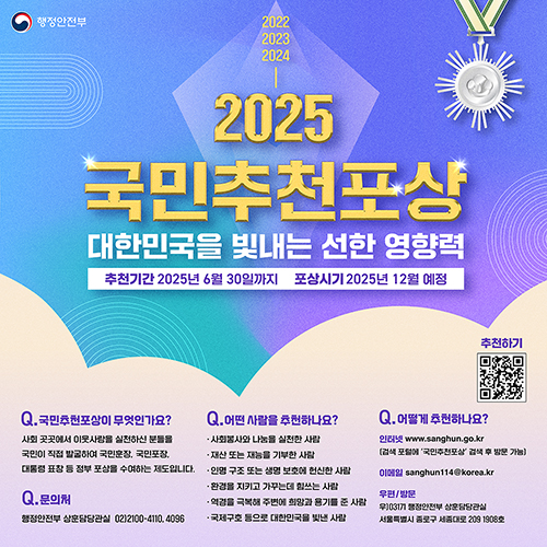 2025 국민추천포상 대한민국을 빛내는 선한 영향력
												 추천기간 2025년 6월 30일까지 포상시기 2025년 12월 예정
												 Q. 국민추천포상이 무엇인가요? 사회 곳곳에서 이웃사랑을 실천하신 분들을 국민이 직접 발굴하여 국민훈장, 국민포장, 대통령 표창 등 정부 포상을 수여하는 제도입니다.
												 Q. 어떤 사람을 추천하나요? 사회봉사와 나눔을 실천한 사람, 재산 또는 재능을 기부ㄴ한 사람, 인명 구조 또는 생명 보호에 헌신한 사람, 환경을 지키고 가꾸는데 힘쓰는 사람, 역경을 극복해 주변에 희망과 용기를 준 사람, 국제구호 등으로 대한민국을 빛낸 사람
												 Q. 어떻게 추천하나요? 인터넷 www.sanghun.go.kr. (검색 포털에 '국민추천포상' 검색 후 방문 가능) 이메일 sanghun114@korea.kr 우편/방문 우)03171 행정안전부 상훈담당관실 서울특별시 종로구 세종대로 209 1906호
												 Q. 문의처 행정안전부 상훈담당관실 02)2100-4110,4096
												 QR코드 인식 시 국민추천포상 게시글 작성 화면으로 이동